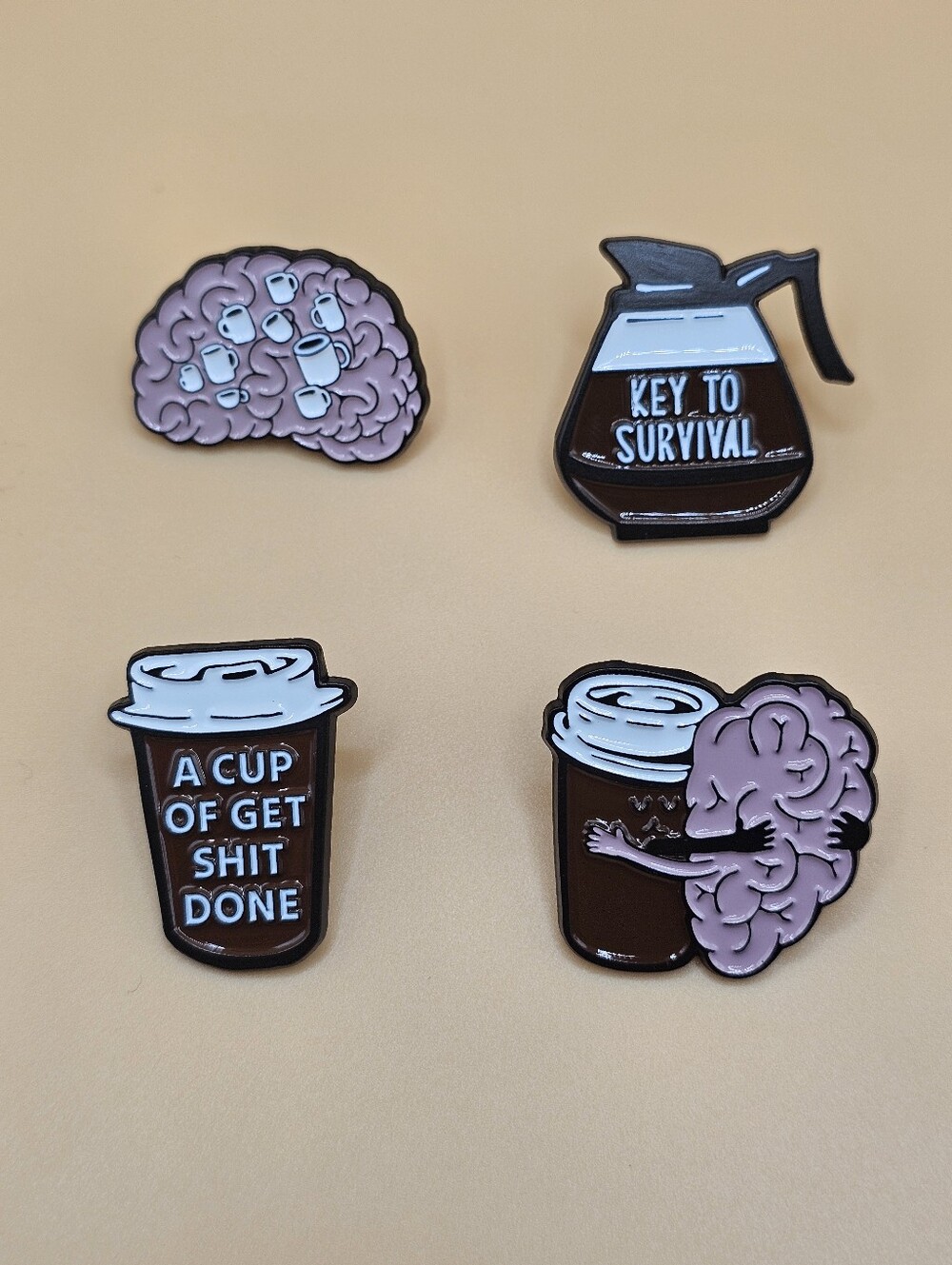 Coffee & Brain Enamel Pin Set - Pink and Brown